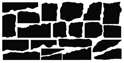 Torn sheets of paper. Collection of torn, ripped pieces of black color paper isolated on white background. Realistic paper scraps with torn edges. Sticky notes, shreds of notebook pages.