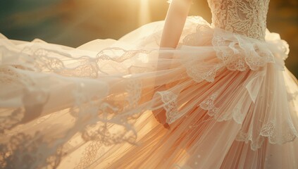 Billowing bride's tulle skirt shimmering in meadow, with lace applique and ribbon sash
