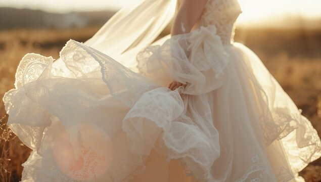 Bride twirling in golden-hour meadow, with lace wedding gown, flowing tulle veil, dried grasses