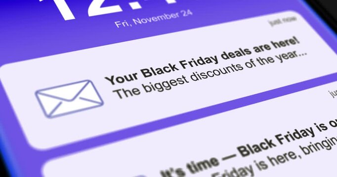Black friday sale advertising notifications, incoming emails and messages on smartphone screen with discounts and promotions, scrolling messages, footage