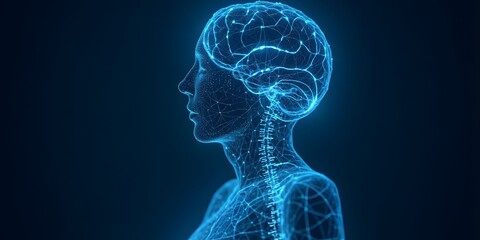 Glowing digital brain model showing neural activity and energy flow.