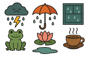 Cute weather and nature symbols featuring a frog, umbrella, and stormy cloud