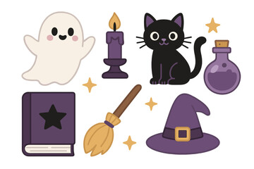 Cute Halloween set with ghost, black cat, witch hat, magic book, and potion