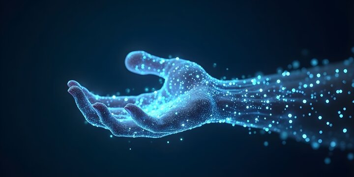 Human hand presenting a glowing holographic brain, symbolizing knowledge, intelligence, and innovation.