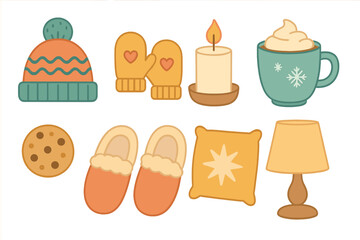 Cozy winter home elements set with knitted hat mittens hot chocolate and candle