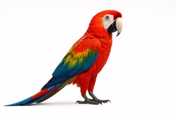 Vibrant Scarlet Macaw Parrot on White Background - Wildlife and Nature Stock Photo
