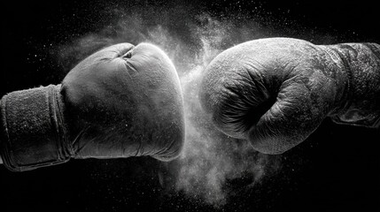 Two boxing gloves colliding in black and white symbolizing conflict and determination. Concept of strength, endurance, and power representing sport intensity and emotional tension.