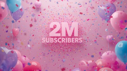 a celebration of reaching 2 million subscribers, with balloons and confetti, a symbol of growth and achievement.