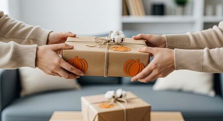 Hands exchanging thoughtfully wrapped autumn gift boxes with pumpkin decor