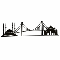 Silhouette of a bridge spanning between two mosques with minarets on a white background