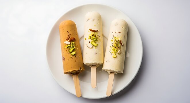 Top view Indian kulfi sticks dessert with dry fruits spices