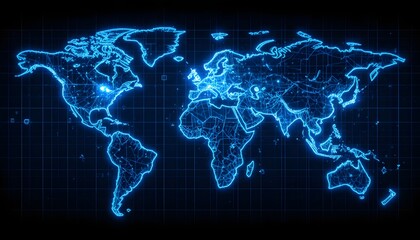 Futuristic Digital World Map with Glowing Network Connections