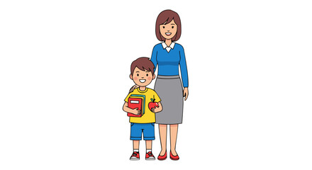 Illustration of a smiling mother and son standing together with the son holding a book and apple, representing education and family bonding