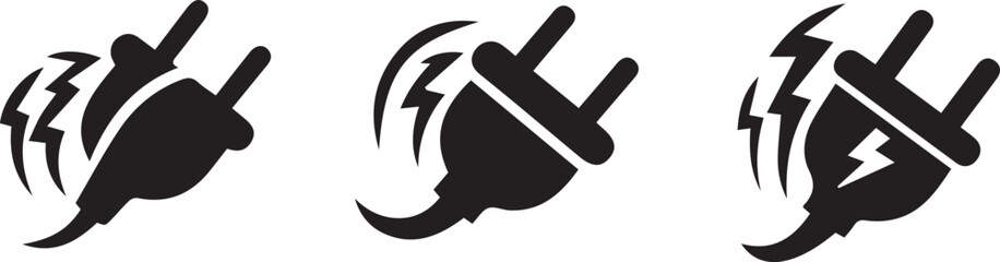 Three black electrical plugs with lightning bolt symbols on white background electricity power