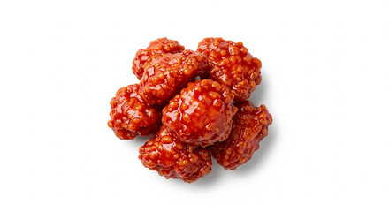 Boneless Korean Fried Chicken Pieces with Red Sauce on White Plate