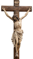 Wooden Sculpture of Jesus on the Cross: Exquisite Wooden Craft, Stunning Wooden Cross, Ideal Church Decor, Perfect for Spiritual Aesthetic on Transparent Background.