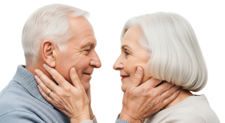 A mature couple gazes lovingly into each other's eyes, their hands tenderly caressing each other's faces with affection.