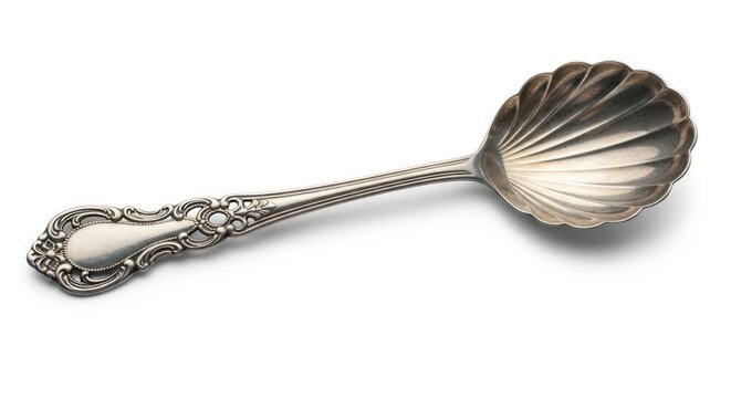 A detailed close-up of an antique silver spoon with a shell-shaped bowl and ornate handle.