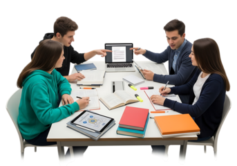 Diverse team collaborates on business project around a table with laptops and documents isolated on transparent background