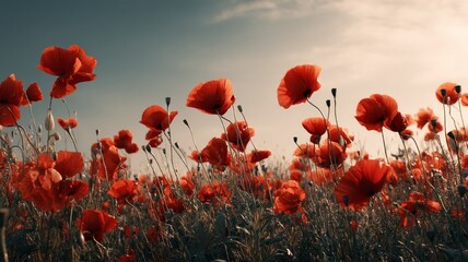 Obraz premium Vibrant poppy field under bright sky. Artificial intelligence image