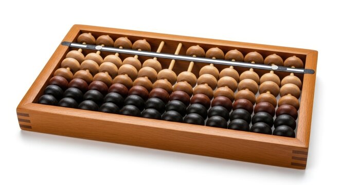A traditional wooden abacus with many beads for counting and calculation, displayed on a white background.