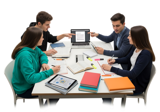 Diverse team collaborates on business project around a table with laptops and documents isolated on transparent background