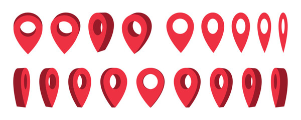 Vector icon of Red Map Pin and Geolocation Marker for Navigation Apps, Maps, GPS, and Location services. Flat. Location pin. GPS pins from various angels. Line icons, Vector.