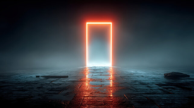 Surreal depiction of a holographic door in an empty digital space filled with liminal transitions