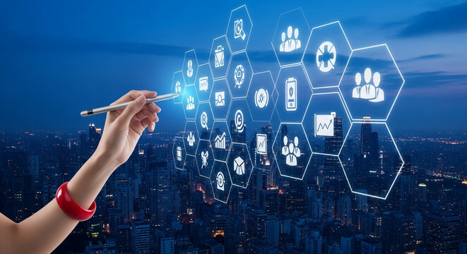 Hand using stylus on digital interface over cityscape, demonstrating data interaction, cloud computing, and tech innovation, representing connectivity - Powered by Adobe