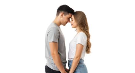 A romantic shot of a couple standing close with their foreheads touching, holding hands, eyes closed, showcasing affection.
