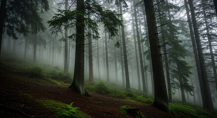 Obraz premium Misty Forest Woodland Scene in Dense Fog