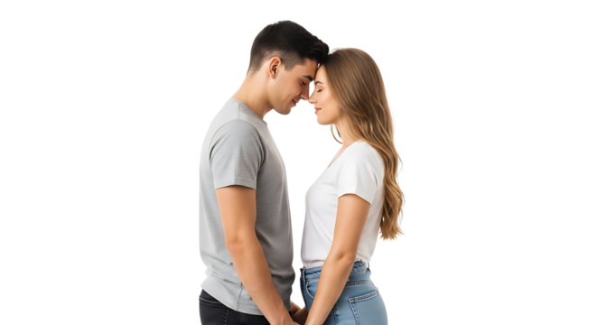A romantic shot of a couple standing close with their foreheads touching, holding hands, eyes closed, showcasing affection. - Powered by Adobe