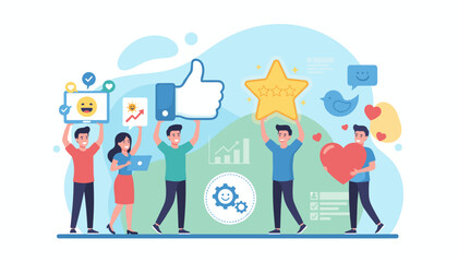 Diverse group of people celebrating positive social media feedback and customer reviews, holding icons like thumbs up, stars, hearts, and smiley faces, representing engagement, satisfaction, and