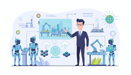 Smart Industry 4.0 concept illustration depicting a businessman interacting with robotic arms, automated assembly lines, and big data processing, symbolizing the future of industrial automation and