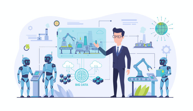Smart Industry 4.0 concept illustration depicting a businessman interacting with robotic arms, automated assembly lines, and big data processing, symbolizing the future of industrial automation and