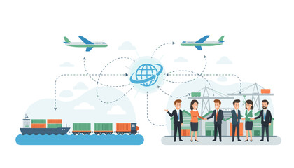 Global logistics and transportation partnership illustrated with a ship, train, airplanes, and business people shaking hands, symbolizing international trade and supply chain management with a