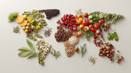 Fototapeta premium Artistic Representation of the World Map Created with a Variety of Fresh Vegetables, Fruits, and Herbs Symmetrically Arranged on a Light Background