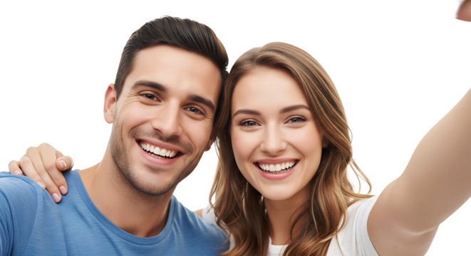 A cheerful young couple smiles brightly, capturing a joyful selfie moment together, radiating happiness and affection.