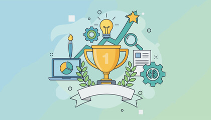 Vibrant flat design infographic celebrating success and achievement, featuring a golden trophy, a rising graph with a star, a lightbulb for ideas, gears symbolizing process, a laptop with charts, a