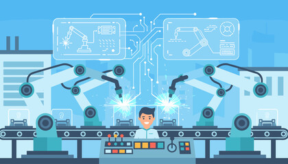 Modern digital manufacturing process with robotic arms performing welding on a conveyor belt, overseen by a smiling operator at a control panel, illustrating industry 4.0 and automation in a