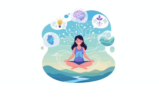 Vivid vector illustration depicting the concept of meditation and mindfulness, showing a woman in lotus pose levitating above a serene landscape, with icons representing brain, heart, lungs, growth
