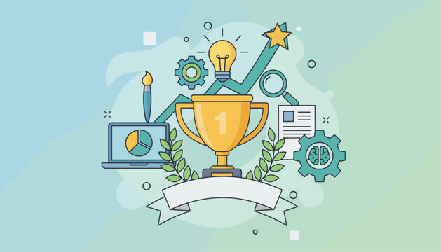 Vibrant flat design infographic celebrating success and achievement, featuring a golden trophy, a rising graph with a star, a lightbulb for ideas, gears symbolizing process, a laptop with charts, a