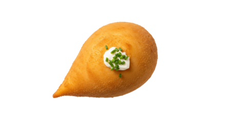 Golden, teardrop-shaped baked dumpling with a dollop of creamy topping and fresh chives isolated on a transparent background.