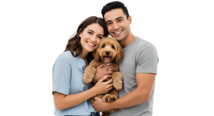 A happy couple smiles brightly while holding their adorable dog in a studio setting, radiating love and joy together.