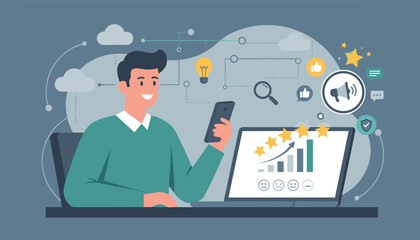 Positive customer feedback and online reputation management concept, a smiling businessman analyzes data on a laptop and smartphone, with icons representing stars, charts, likes, search, and