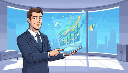 A confident businessman in a suit stands in a modern office with a panoramic window overlooking a city skyline, using a tablet to display a vibrant, glowing virtual hologram of financial charts and