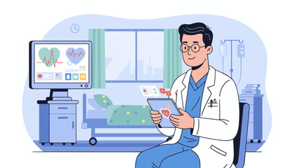 Modern cardiologist in a hospital room, wearing glasses and a white coat, analyzing patient's vital signs and EKG on a tablet, with a monitor displaying heart rate and a hospital bed in the
