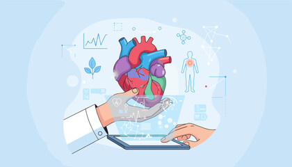 Vivid illustration of a doctor's hand holding a realistic human heart, symbolizing cardiovascular health and medical innovation, with digital interfaces and scientific graphics in the background