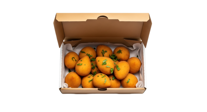 Delicious treats nestled inside a cardboard box, perfect for sharing. These golden goodies are the perfect snack.