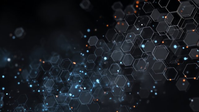 Glowing hexagons on dark abstract background. Artificial intelligence image